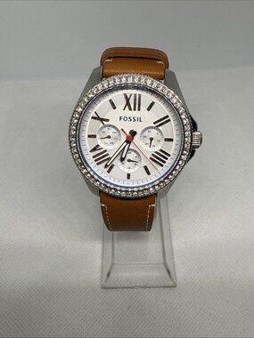 Fossil AM4623 Cecile Crystal Accented 40mm Quartz Brown Leather Strap Women's